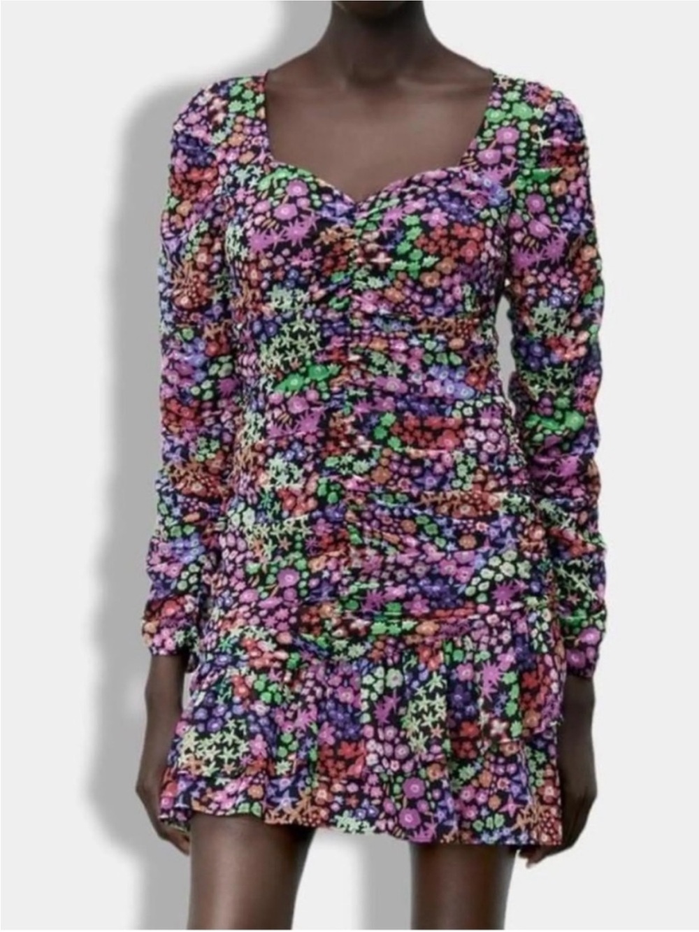 Zara Floral Ruched Long-Sleeve Mini Dress - Multicolor